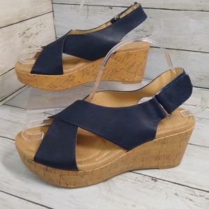 CL by Laundry Navy Blue Wmns 7M Lthr CrissCross Wedge Cork Heel Platform Sandals